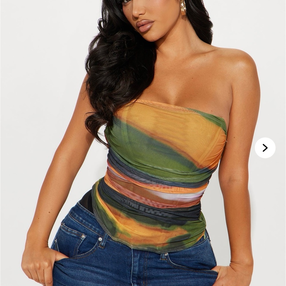 Fashion Nova Green and Orange Strapless Cropped Corset Style Top